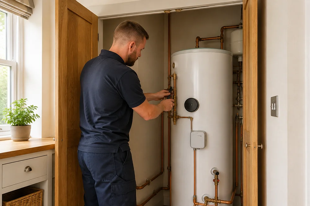 Heating engineer inspecting an unvented hot water cylinder